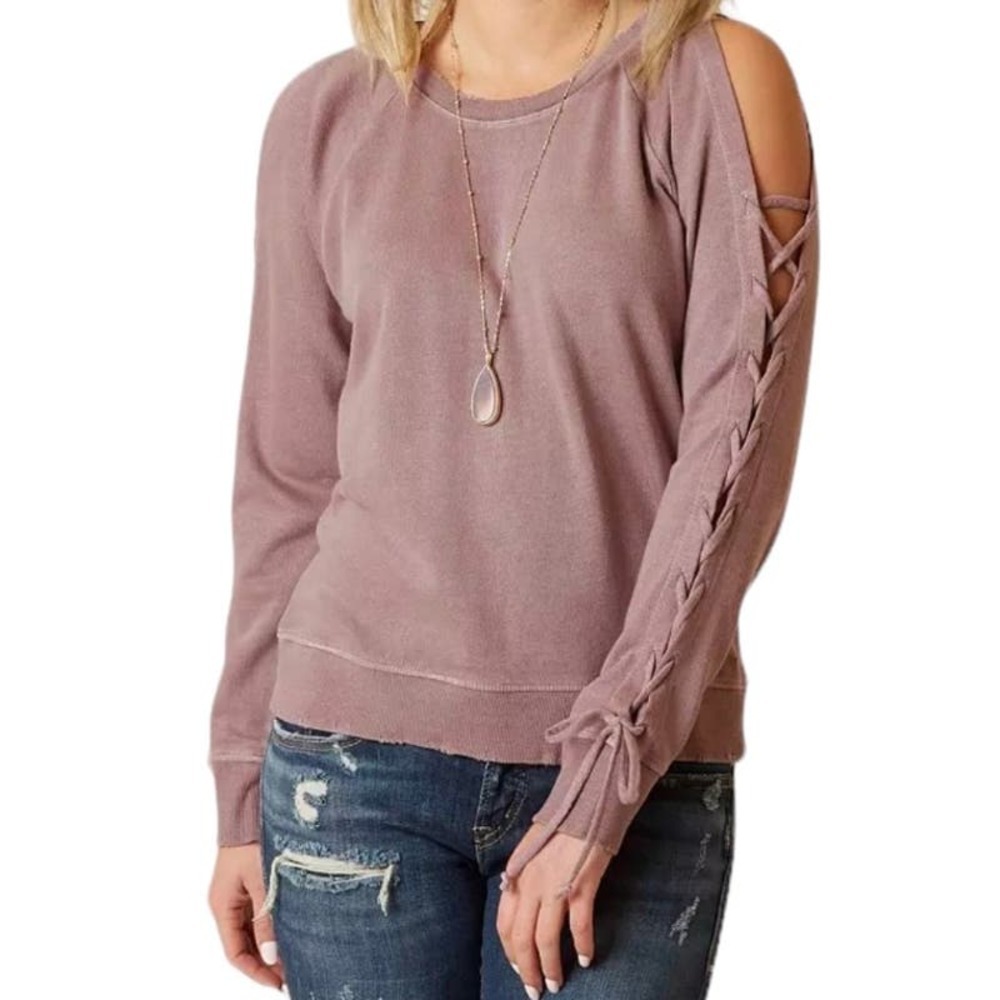 Lucky Brand Lace Up Sleeve Crew Neck Sweater Size Medium